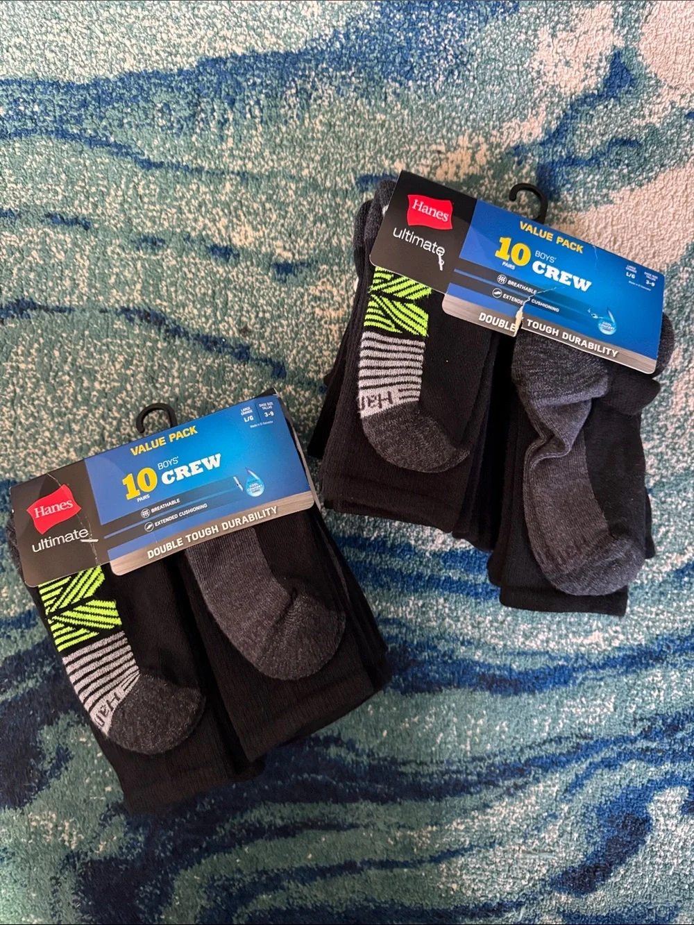 New, Hanes Boys' Ultimate Crew Socks 20-Pack - Black, Gray & Neon Green Accent